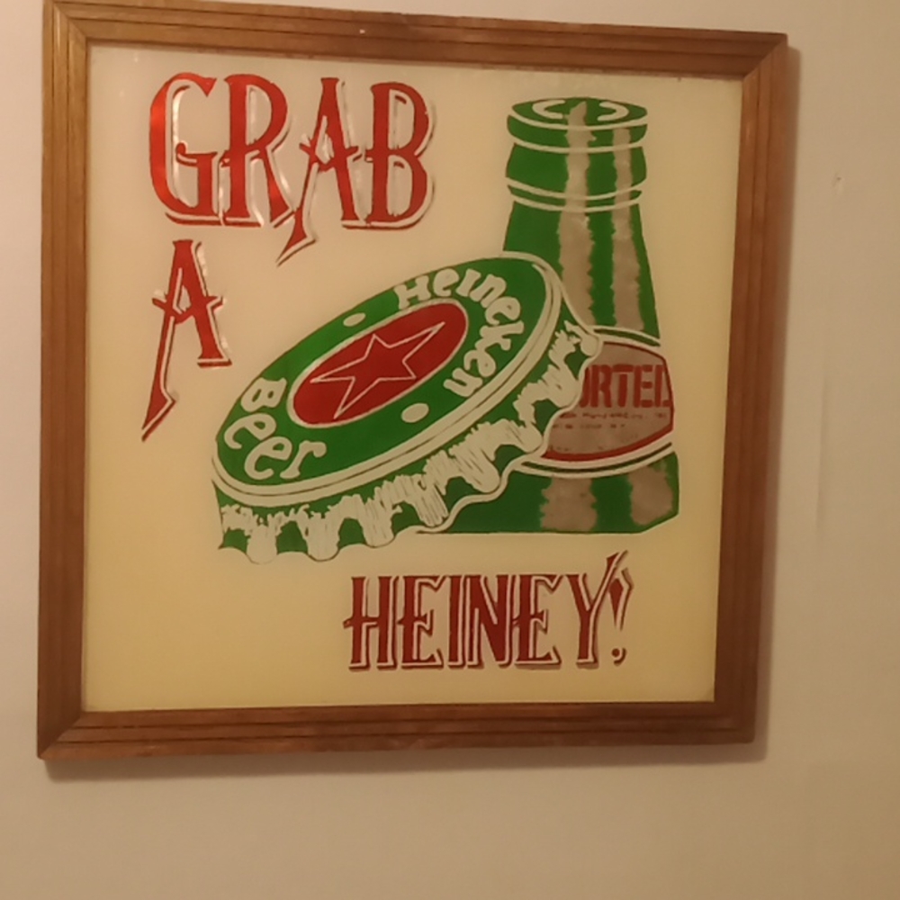 Grab A Heiney ! Vtg Mirrored Beer Advertisement Heineken